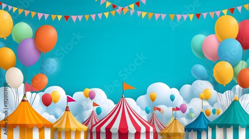 Carnival of Colors: A festive carnival scene, filled with vibrant circus tents, playful balloons, and colorful bunting, all set against a dreamy blue sky, creates an atmosphere of joy and excitement.