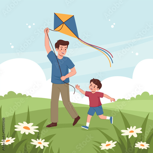 Father and son flying a kite in the park vector flat illustration