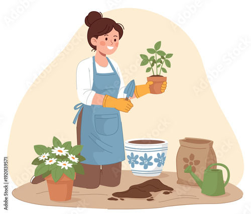 Young woman transplanting flowers into a pot flat vector illustration