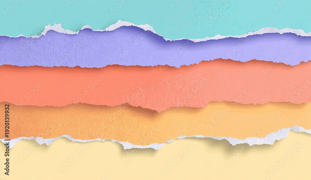 Fototapeta premium Colorful layers of torn paper, textured with ragged edges, arranged horizontally