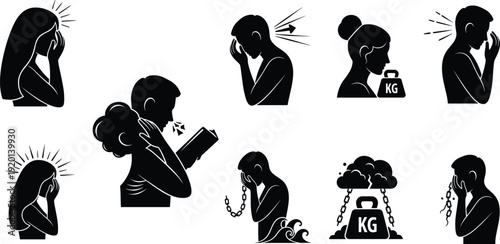 Fashionable black vector silhouettes of business women and a dancing family couple illustrate a person’s love for art