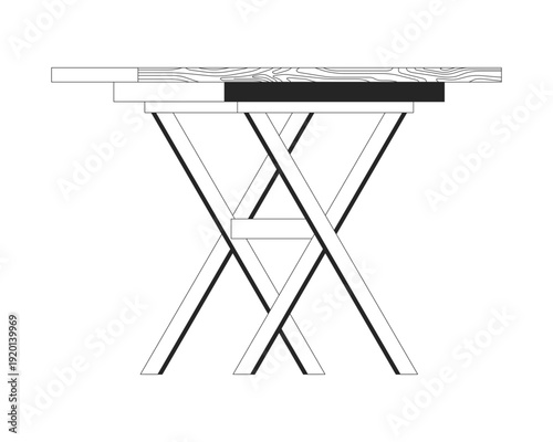 Wooden folding work table 2D line object. Carpentry workspace. Woodworking equipment. Construction support. Craft furniture isolated clipart vector ink outline item. Monochrome spot illustration