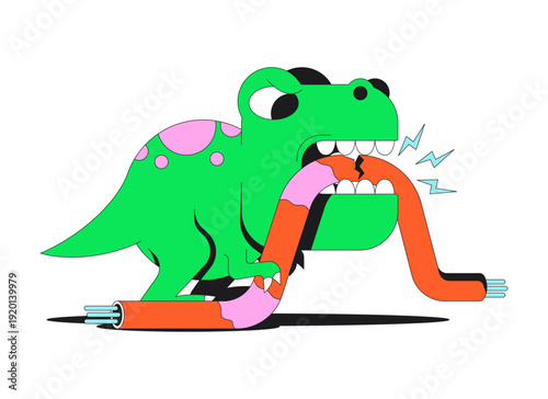 Dinosaur bites internet cable flash message error illustration. Groovy dino chewing wire. Connection loss. UI empty state. Failure web design. Mobile onboarding. Flat vector concept. Micro UX scene