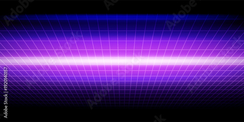 Neon wireframe horizon background. Light purple grid room floor in perspective. Glow violet retro futuristic wallpaper. Abstract checkered plane landscape. Game floor surface. Vector backdrop
