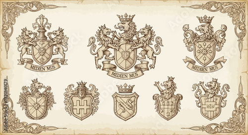 Vintage heraldic crests with lions and shields on parchment