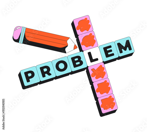 Funky unsolved crossword flash message error illustration. Puzzle with scribbled incorrect answer and pencil. UI empty state. Failure web design. Mobile onboarding. Flat vector concept. Micro UX scene