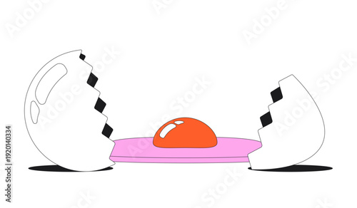 Funky broken egg flash message error illustration. Cracked eggshell split apart with yolk spilled out. UI empty state. Failure web design. Mobile onboarding. Flat vector concept. Micro UX scene