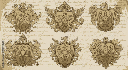 Vintage heraldic crests with ornate shields and mythical creatures