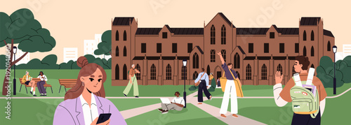Students are meeting and learning in university campus yard. Young people have a rest, talk and study on lawn in college. Boys and girls walk in park of high school building. Flat vector illustration