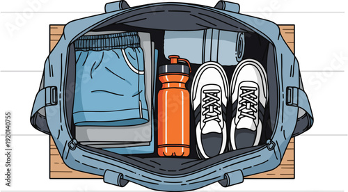 Open Gym Bag with Sportswear, Sneakers, and Water Bottle – Healthy Lifestyle Preparation Concept for Fitness Campaign and Wellness Promotion