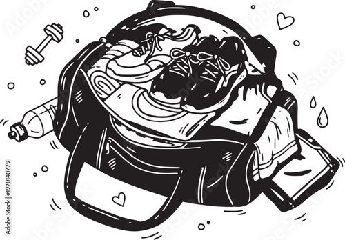 Open Gym Bag with Sportswear, Sneakers, and Water Bottle – Healthy Lifestyle Preparation Concept for Fitness Campaign and Wellness Promotion