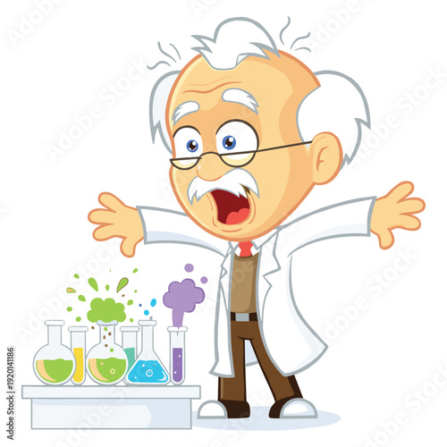 Mad scientist conducting explosive chemistry experiment vector illustration flat design