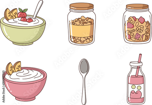 Vector illustration of a sweet food collection featuring a set of desserts and berries with cake, fruit, jam jars, and breakfast drinks like coffee, milk, and juice in a cartoon icon design