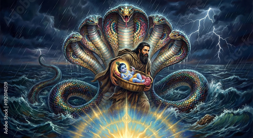 Krishna illustration showing baby Krishna protected by Sheshnag serpent canopy during Yamuna River crossing Wallpaper