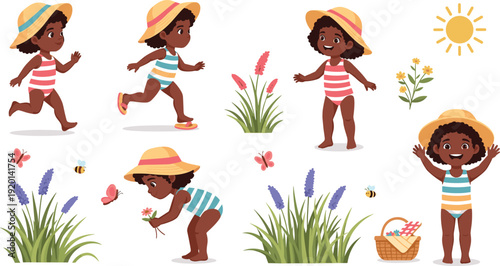 Cute little girl summer set with flowers, butterflies and sunshine