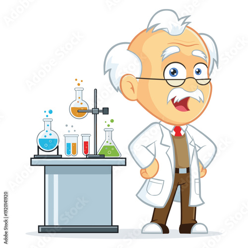 Mad scientist conducting chemistry experiment in lab vector illustration flat design