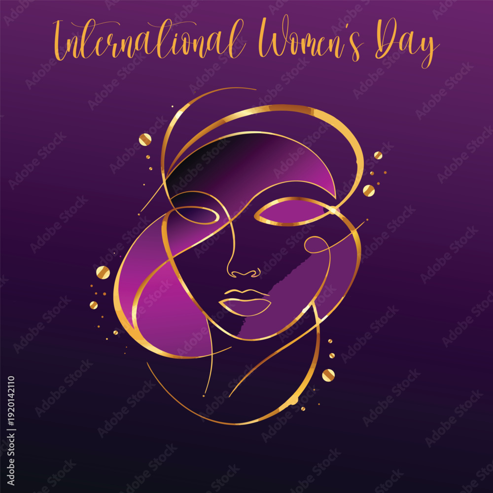Fototapeta premium International women's day luxury banner featuring golden fluid line art portrait and purple abstract shapes on dark gradient square background