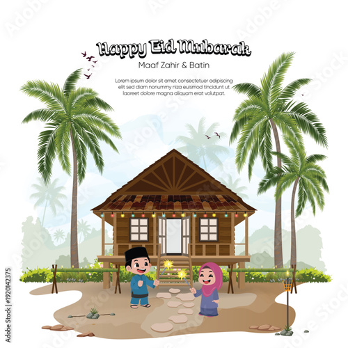 Eid Mubarak Hari Raya Malay Village Illustration featuring happy children playing sparklers at a traditional Malay wooden house surrounded by coconut trees.