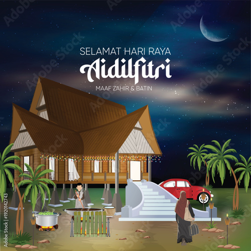 Hari Raya Aidilfitri Night Village Scene with Traditional Malay House and Festive Family Illustration featuring a traditional Malay wooden house, crescent moon sky, village atmosphere.