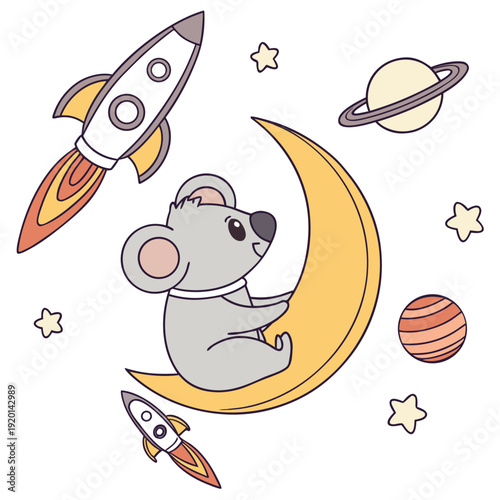 Cute Loving Koala, accessorized with sitting on a moon, in a Space explorer world – Cosmic Pastels palette vector