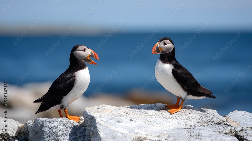 Fototapeta premium two Atlantic puffins standing on a coastal rock