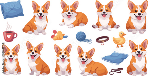 Cute corgi dog character set with home accessories and playful poses