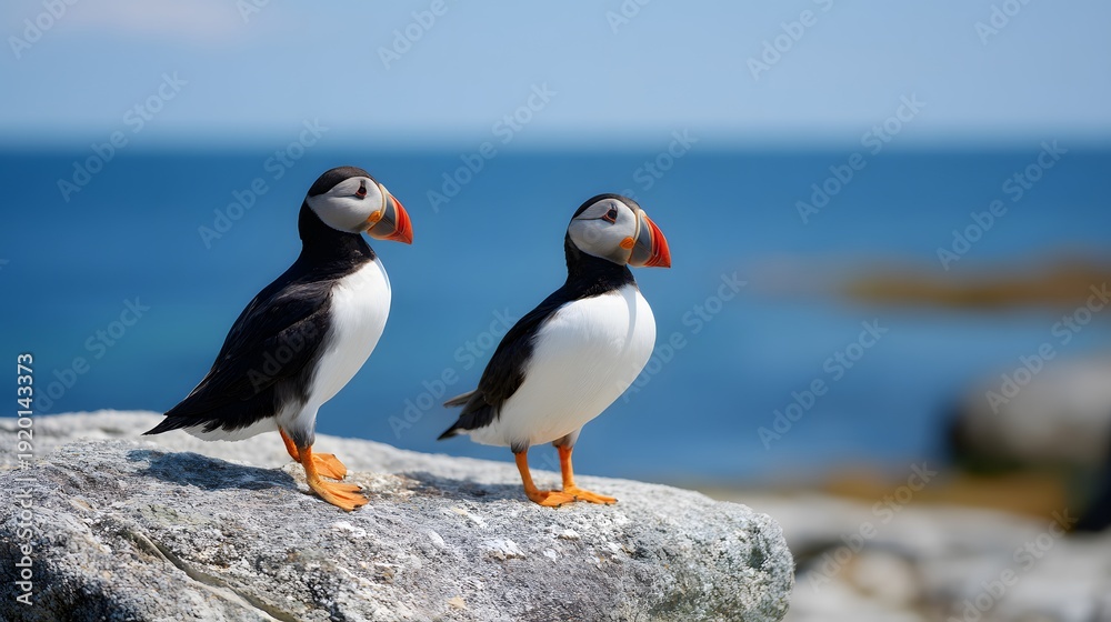 Fototapeta premium two Atlantic puffins standing on a coastal rock