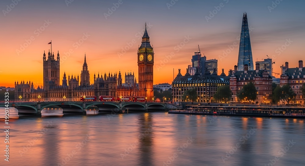 Fototapeta premium Panoramic cityscape view of historic governmental buildings and modern skyscraper across a wide river at twilight