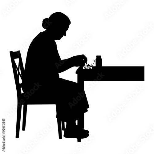 Elderly woman taking pills at table, vector illustration, flat design silhouette