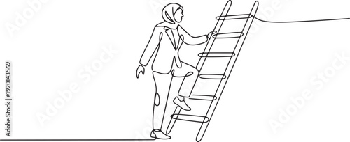 Single one line drawing of young smart Arab business woman climb the ladder up carefully, metaphor. Business growth minimal concept. one line Icon drawing