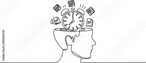 Continuous one line drawing the head of a man has an alarm clock in the middle of his head. Thinking about the many work deadlines. Inside the Head of Man. one line Icon drawing