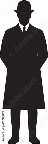 Elegant man in fedora hat and long coat vector silhouette illustration line art