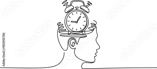 Continuous one line drawing the head of a man has an alarm clock in the middle of his head. Thinking about the many work deadlines. Inside the Head of Man. one line Icon drawing