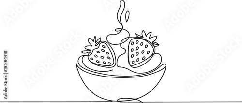 Single continuous line drawing 2 strawberries and cream in a small bowl. Enjoy the freshness while it is still cold and frozen. National Strawberries and Cream Day. one line Icon drawing