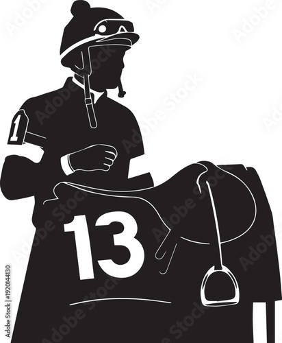 Jockey with number 13 saddle horse racing vector silhouette illustration line art