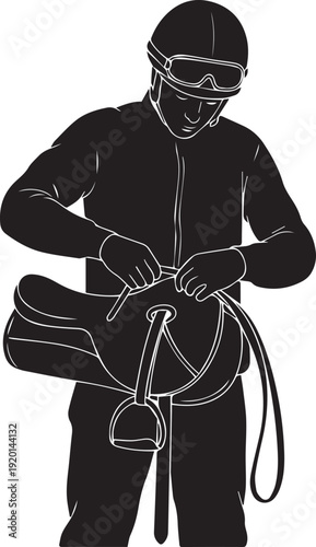Jockey preparing saddle vector illustration silhouette with detailed equipment and line art
