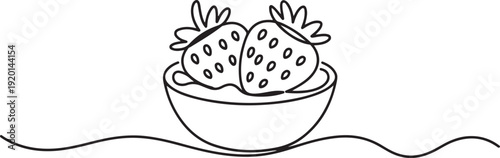 Single continuous line drawing 2 strawberries and cream in a small bowl. Enjoy the freshness while it is still cold and frozen. National Strawberries and Cream Day. one line Icon drawing