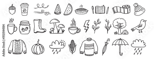 Autumn or nature fall season with falling leaves, umbrella doodle hand drawn icon elements set. Outline drawing autumn or fall line clipart symbol collection