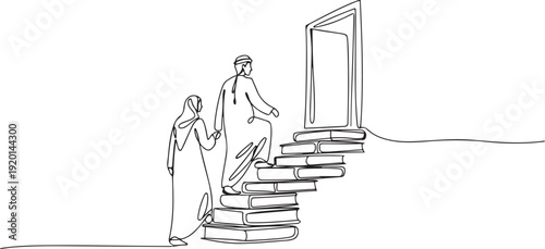 Single one line drawing Arab man woman climb stairs from the book stack. Towards the wide open door. Metaphor of finding answers from books. Book festival. one line Icon drawing