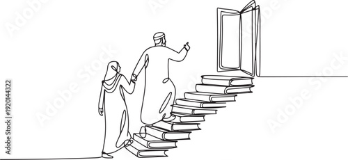 Single one line drawing Arab man woman climb stairs from the book stack. Towards the wide open door. Metaphor of finding answers from books. Book festival. one line Icon drawing