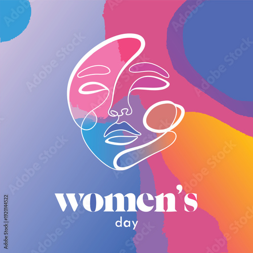 Women's day, minimalist line art of female face with vibrant abstract background, celebrating individuality