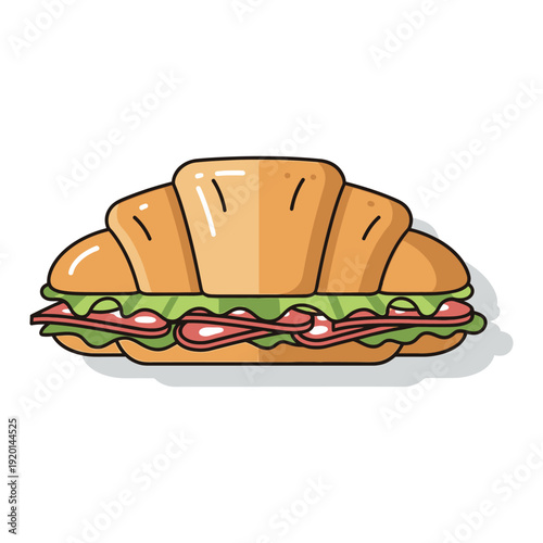 Croissant sandwich with ham and lettuce, delicious breakfast or lunch food item, vector illustration