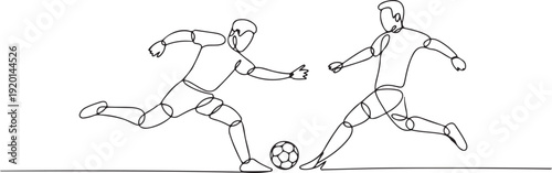 Single continuous line drawing of two young energetic opposite football players kick the ball together to get the ball. Soccer match sports concept. one line Icon drawing