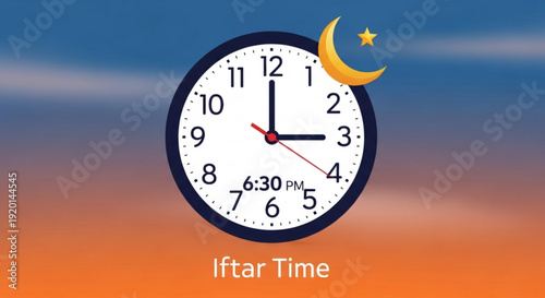 Ramadan clock showing iftar time with crescent moon and star at sunset
