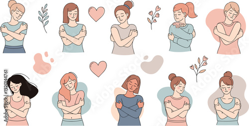 Women self love character set with body positivity illustrations