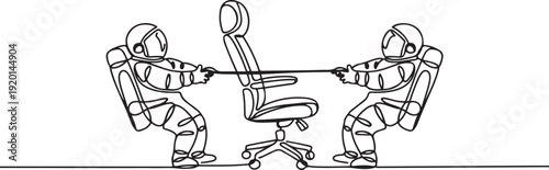 Single continuous line drawing two emotional astronaut fighting over office chair. A rare luxury office chair to be used in moon surface. one line Icon drawing