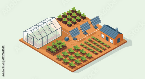 Isometric illustration showcasing a sustainable farm with a greenhouse, solar panels, organic crops, and a house. Ideal for eco-friendly living and renewable energy concepts.