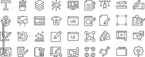 Graphic design web icons. Icons for graphic designer, creative package, stationary, software, creativity, tools, drawing, collection. Editable stroke. Vector
