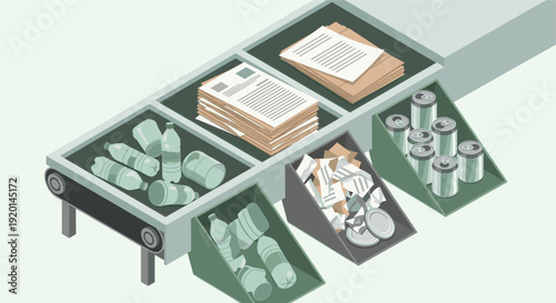 Isometric illustration of a recycling plant conveyor belt with sorted waste materials like plastics, paper, cans, and glass. Could be used for environmental and waste management themes.