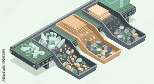 Isometric illustration of a recycling plant conveyor belt with sorted waste materials like plastics, paper, cans, and glass. Could be used for environmental and waste management themes.